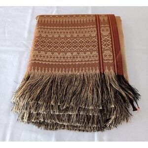 Vintage Mid Century Burgundy Gold Bedspread Tablecloth Fringe Coverlet 100"